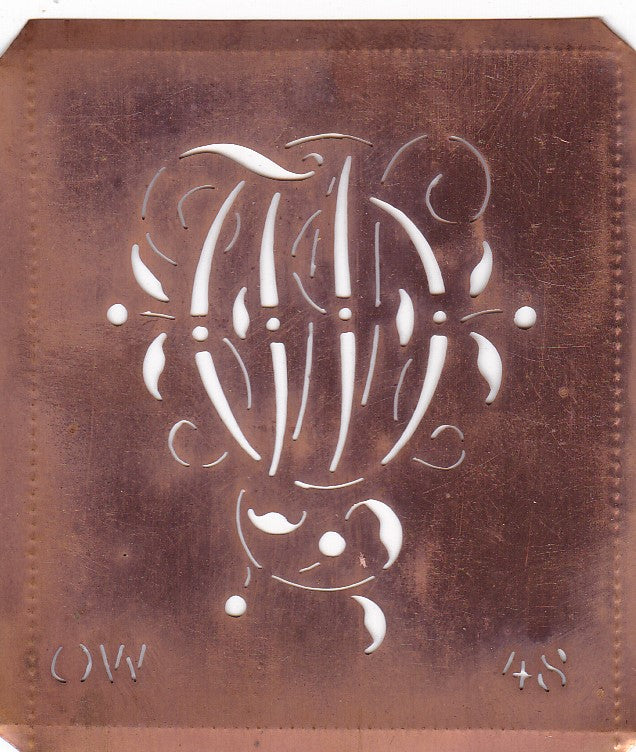 OW - Alte Schablone aus Kupferblech mit klassischem verschlungenem Monogramm