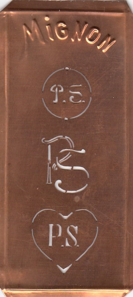PS - Hübsche alte Kupfer Schablone mit 3 Monogramm-Ausführungen