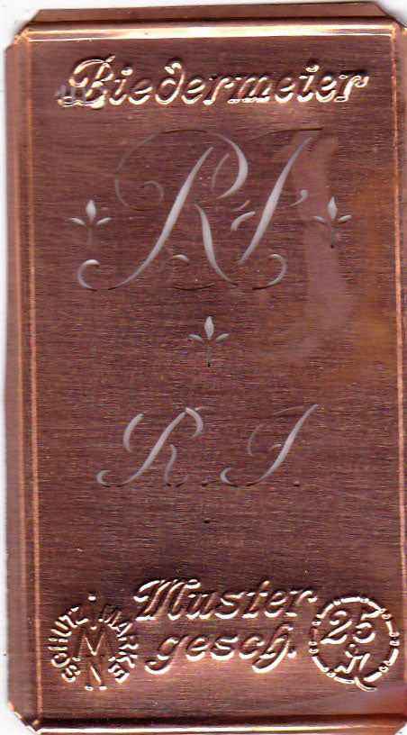 www.knopfparadies.de - RJ - Alte Stickschablone mit 2 zarten Monogrammen