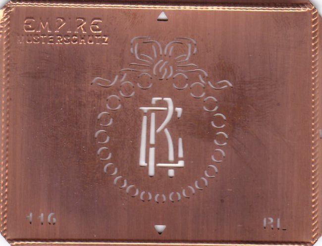RL - Hübsche Jugendstil Kupfer Monogramm Schablone - Rarität nicht nur zum Sticken