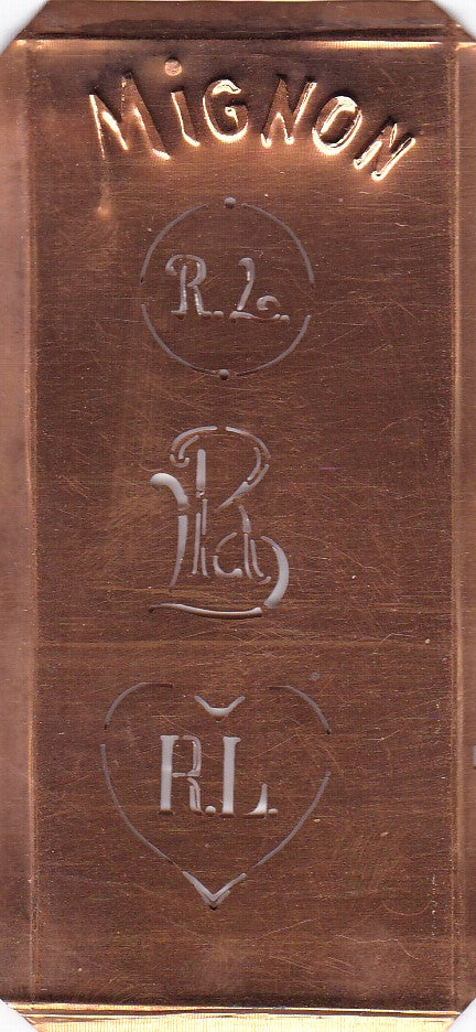 RL - Hübsche alte Kupfer Schablone mit 3 Monogramm-Ausführungen