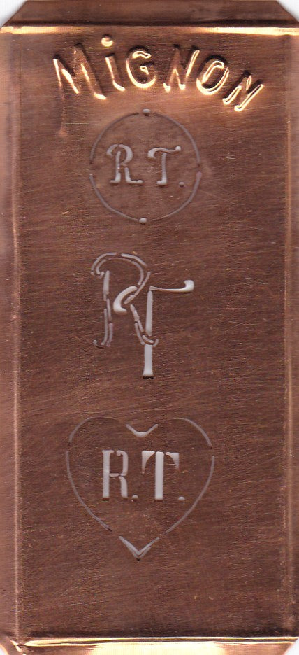 RT - Hübsche alte Kupfer Schablone mit 3 Monogramm-Ausführungen