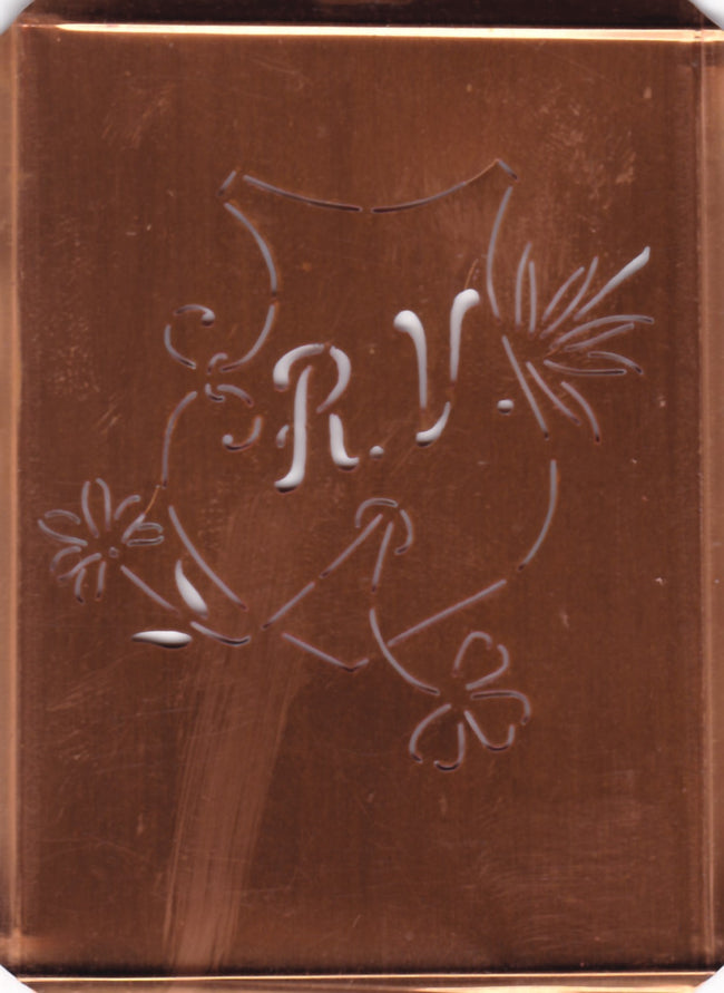 RV - Seltene Stickvorlage - Uralte Wäscheschablone mit Wappen - Medaillon