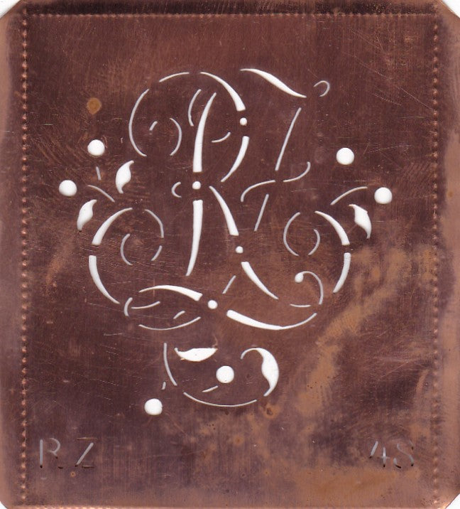 RZ - Alte Schablone aus Kupferblech mit klassischem verschlungenem Monogramm