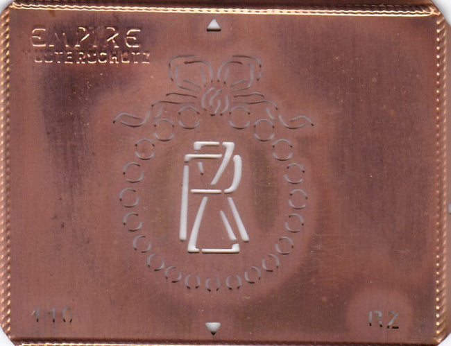 RZ - Hübsche Jugendstil Kupfer Monogramm Schablone - Rarität nicht nur zum Sticken