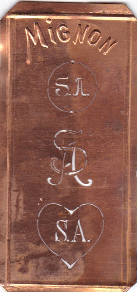 SA - Hübsche alte Kupfer Schablone mit 3 Monogramm-Ausführungen