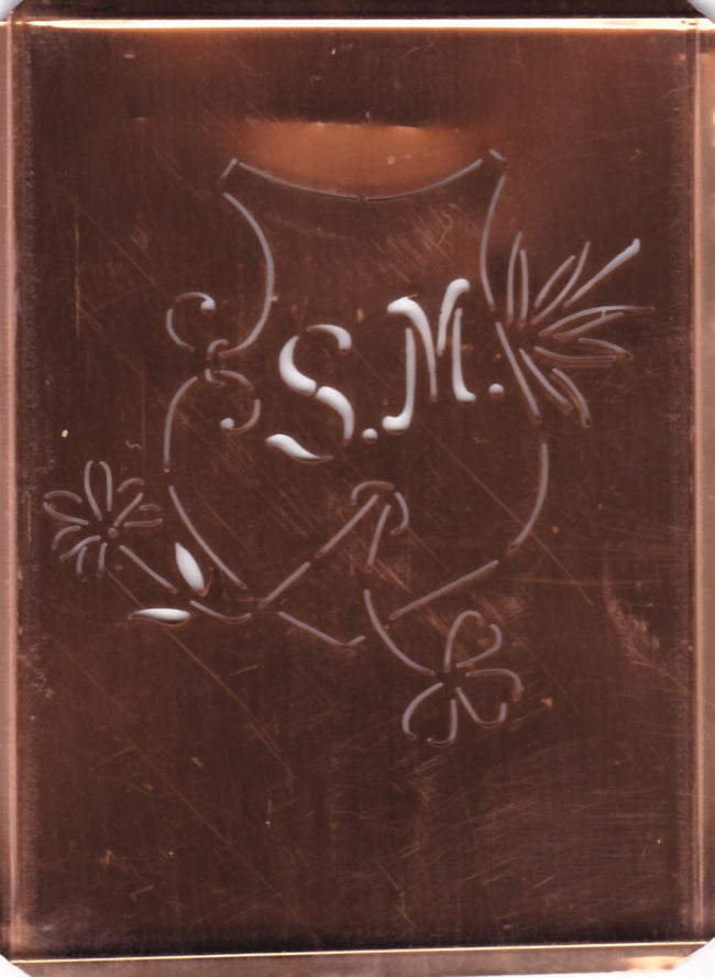 SM - Seltene Stickvorlage - Uralte Wäscheschablone mit Wappen - Medaillon
