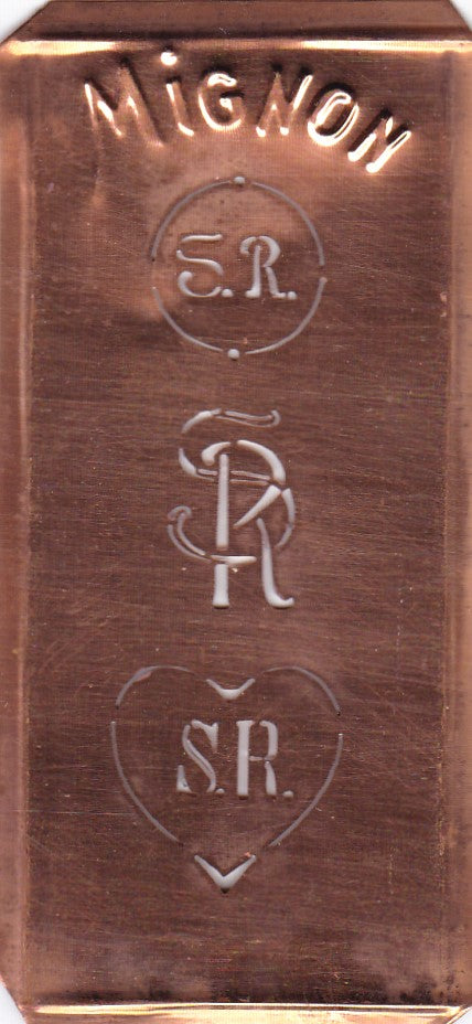 SR - Hübsche alte Kupfer Schablone mit 3 Monogramm-Ausführungen