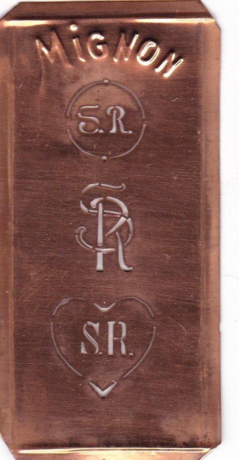 SR - Hübsche alte Kupfer Schablone mit 3 Monogramm-Ausführungen