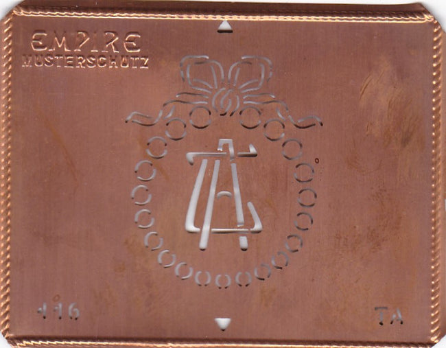 TA - Hübsche Jugendstil Kupfer Monogramm Schablone - Rarität nicht nur zum Sticken