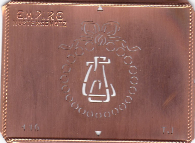 TJ - Hübsche Jugendstil Kupfer Monogramm Schablone - Rarität nicht nur zum Sticken
