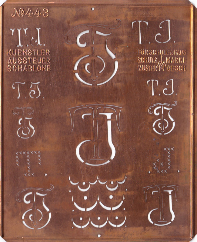 TJ - Uralte Monogrammschablone aus Kupferblech