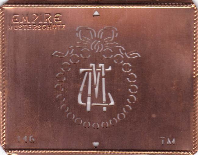 TM - Hübsche Jugendstil Kupfer Monogramm Schablone - Rarität nicht nur zum Sticken
