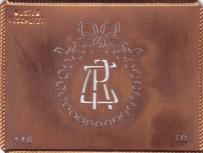 TR - Hübsche Jugendstil Kupfer Monogramm Schablone - Rarität nicht nur zum Sticken
