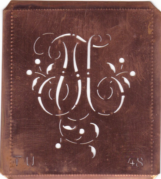 TU - Alte Schablone aus Kupferblech mit klassischem verschlungenem Monogramm