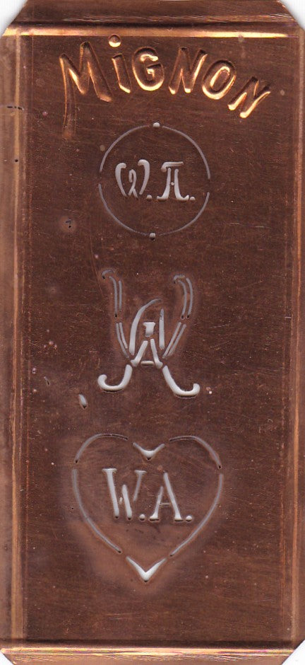 WA - Hübsche alte Kupfer Schablone mit 3 Monogramm-Ausführungen