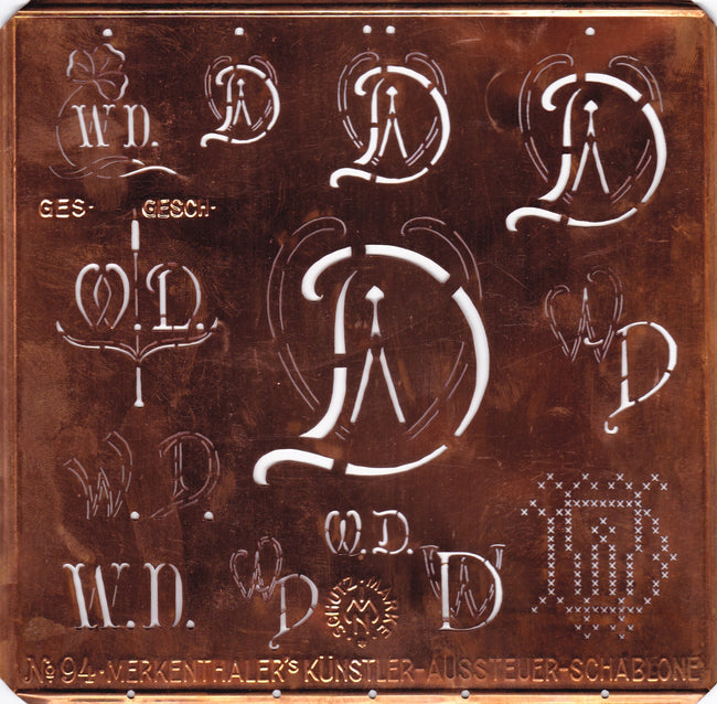 WD - Sehr große und dekorative Kupfer Schablone mit 13 Monogrammvariationen
