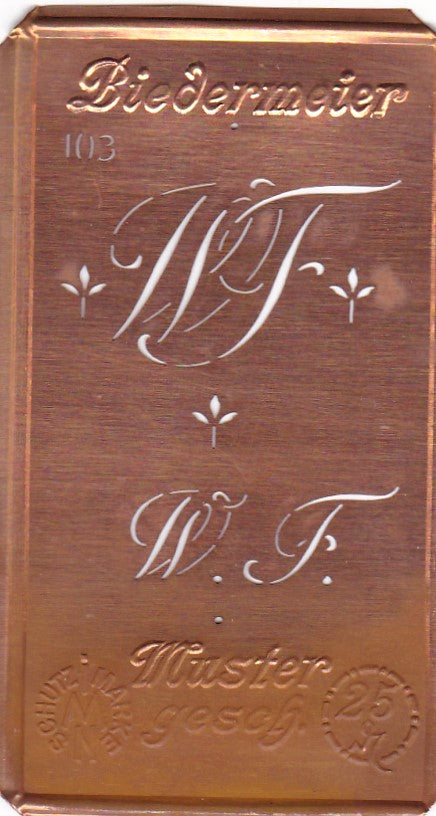 www.knopfparadies.de - WF - Alte Stickschablone mit 2 zarten Monogrammen