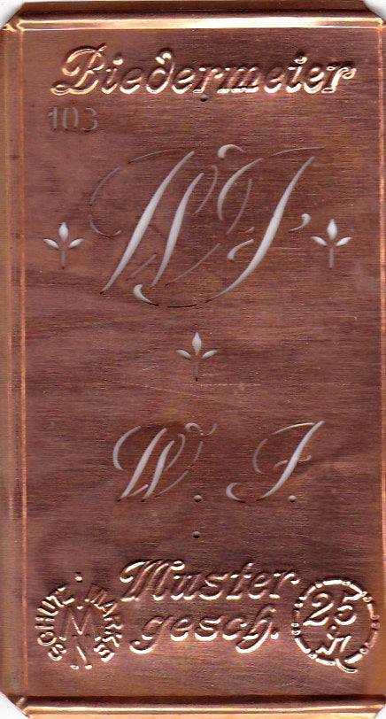 www.knopfparadies.de - WJ - Alte Stickschablone mit 2 zarten Monogrammen