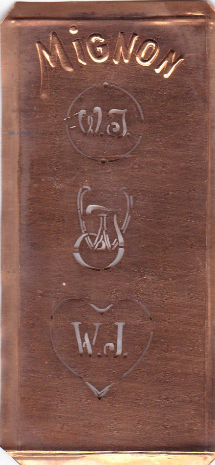 WJ - Hübsche alte Kupfer Schablone mit 3 Monogramm-Ausführungen
