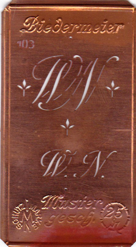 www.knopfparadies.de - WN - Alte Stickschablone mit 2 zarten Monogrammen