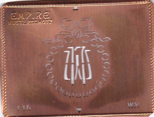 WN - Hübsche Jugendstil Kupfer Monogramm Schablone - Rarität nicht nur zum Sticken