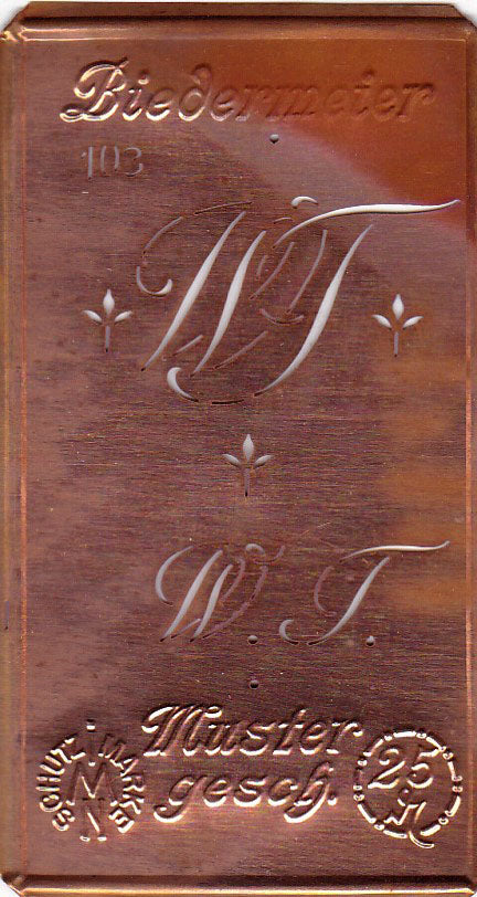 www.knopfparadies.de - WT - Alte Stickschablone mit 2 zarten Monogrammen