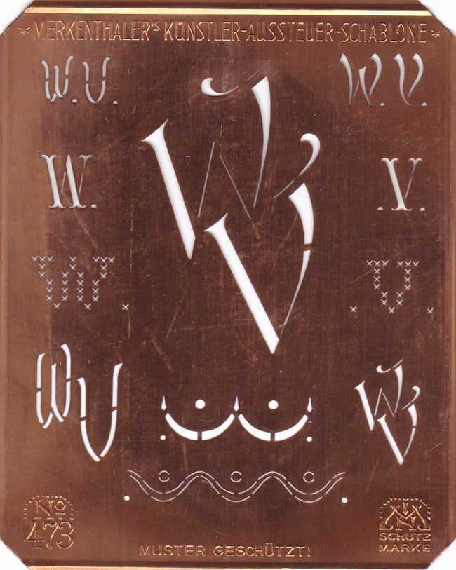 WV - Alte Kupferschablone mit 7 verschiedenen Monogrammen