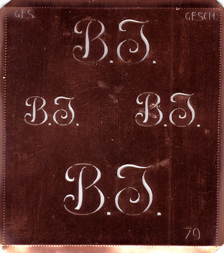 BJ - Alte Kupferschablone mit 4 Monogrammen