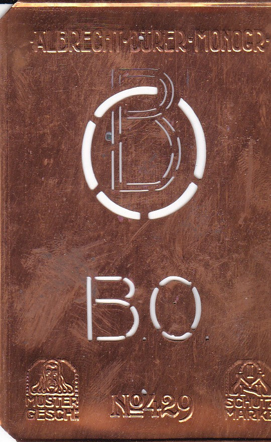 BO - Monogramm Schablone aus Kupferblech aus dem Jugendstil