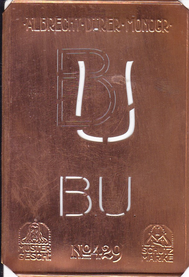 BU - Monogramm Schablone aus Kupferblech aus dem Jugendstil