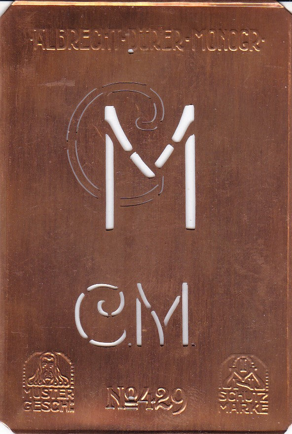 CM - Monogramm Schablone aus Kupferblech aus dem Jugendstil