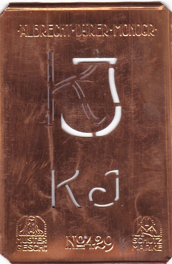 KJ - Monogramm Schablone aus Kupferblech aus dem Jugendstil