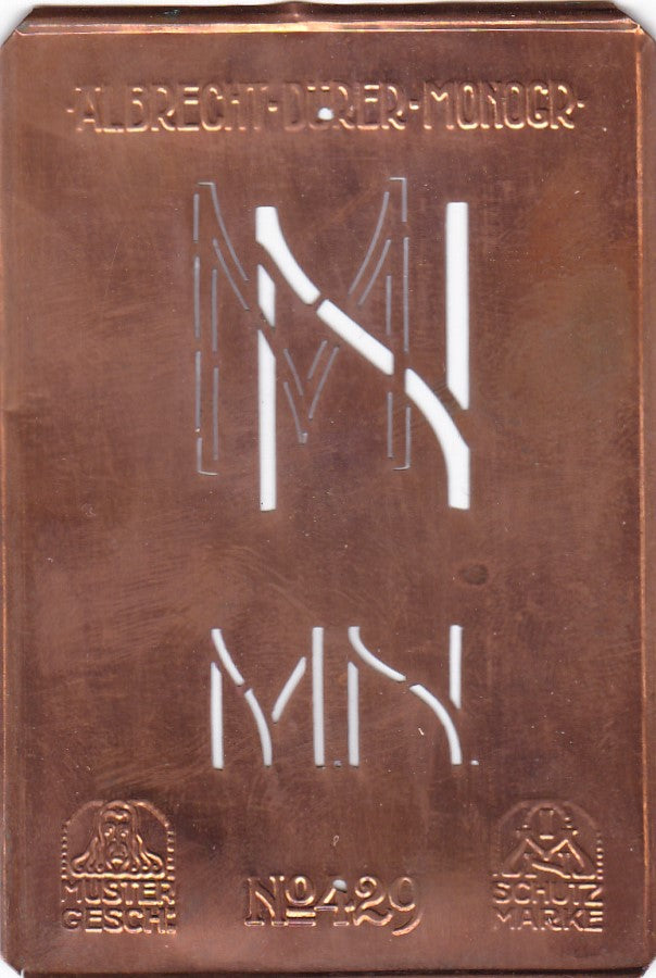 MN - Monogramm Schablone aus Kupferblech aus dem Jugendstil