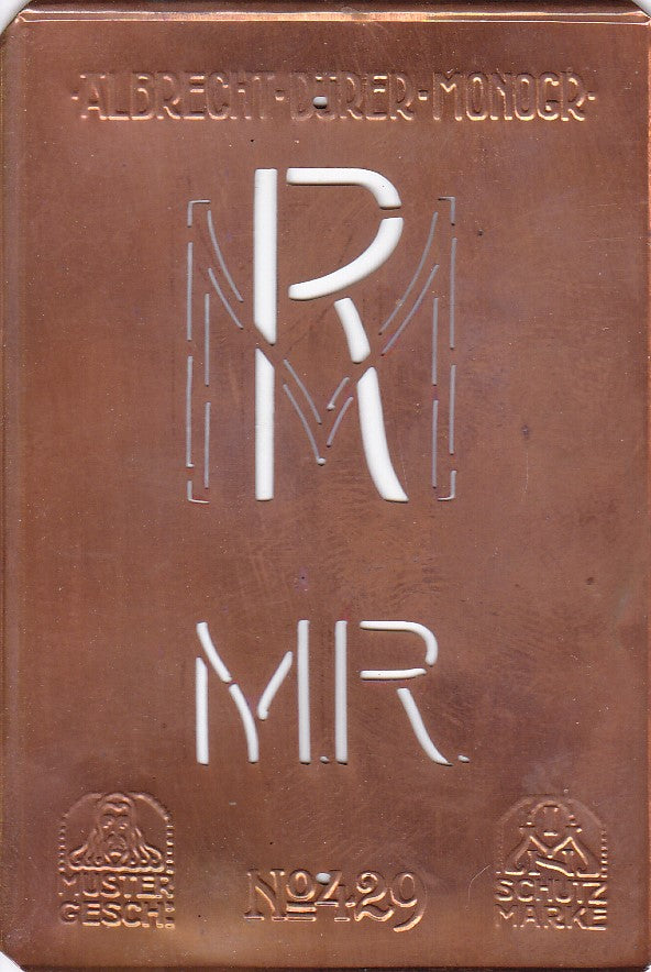 MR - Monogramm Schablone aus Kupferblech aus dem Jugendstil