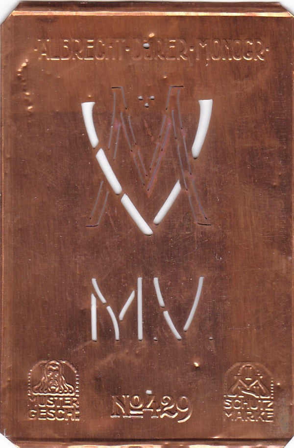 MV - Monogramm Schablone aus Kupferblech aus dem Jugendstil