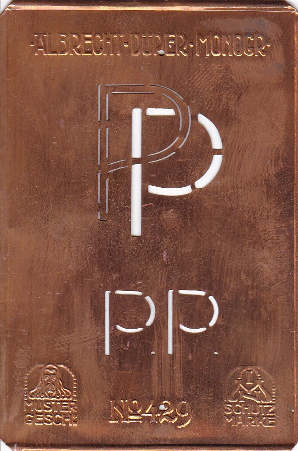 PP - Monogramm Schablone aus Kupferblech aus dem Jugendstil