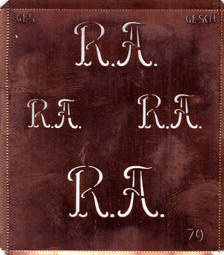 RA - Alte Kupferschablone mit 4 Monogrammen