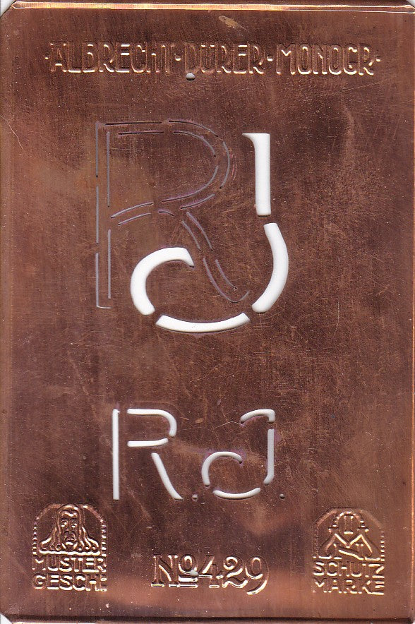 RJ - Monogramm Schablone aus Kupferblech aus dem Jugendstil