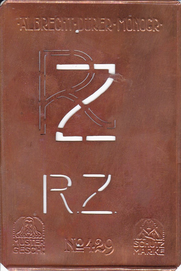 RZ - Monogramm Schablone aus Kupferblech aus dem Jugendstil