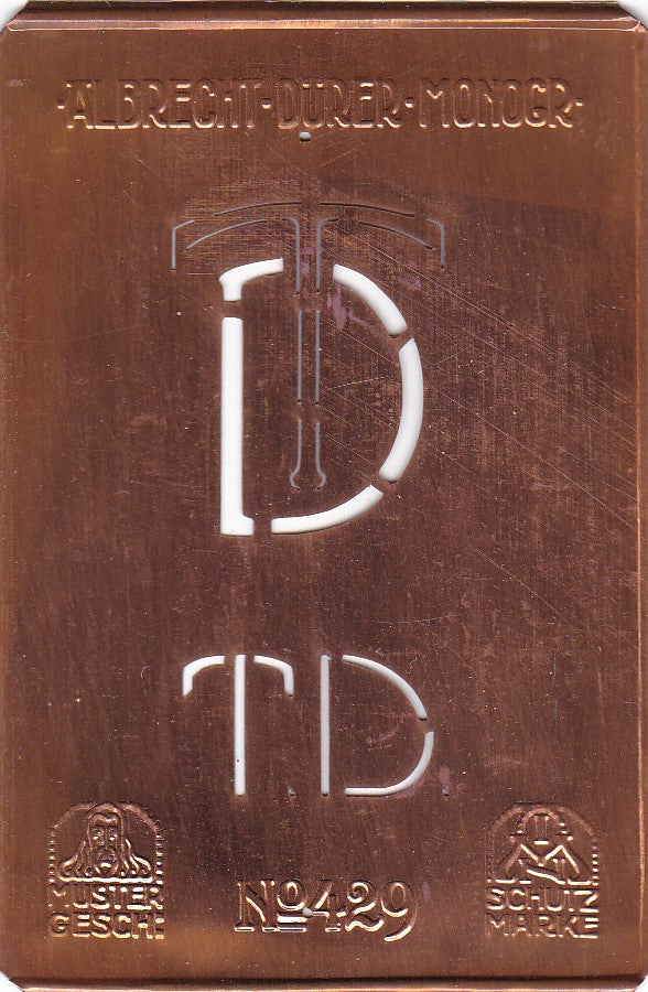 TD - Monogramm Schablone aus Kupferblech aus dem Jugendstil