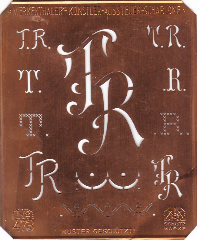 TR - Alte Kupferschablone mit 7 verschiedenen Monogrammen