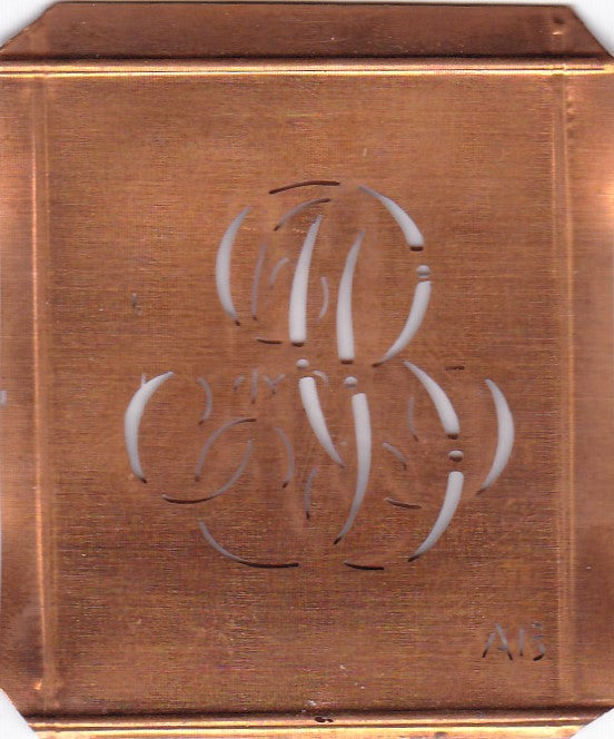 AB - Hübsche alte Kupfer Schablone mit 3 Monogramm-Ausführungen