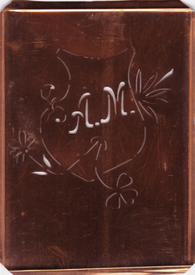 AM - Seltene Stickvorlage - Uralte Wäscheschablone mit Wappen - Medaillon