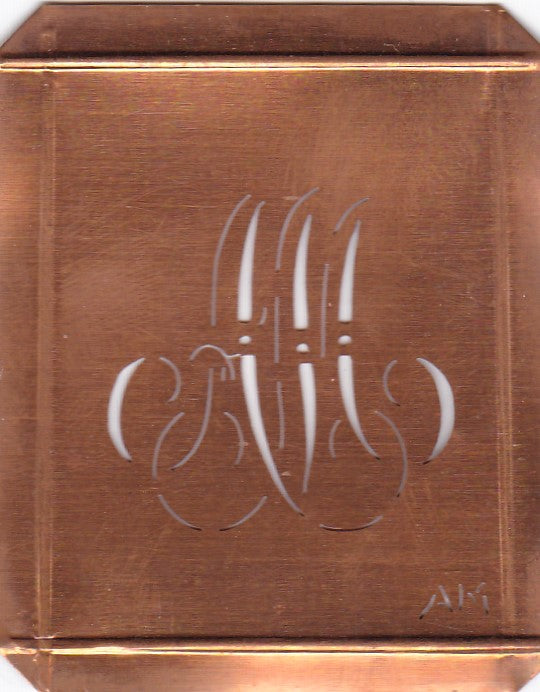 AM - Hübsche alte Kupfer Schablone mit 3 Monogramm-Ausführungen