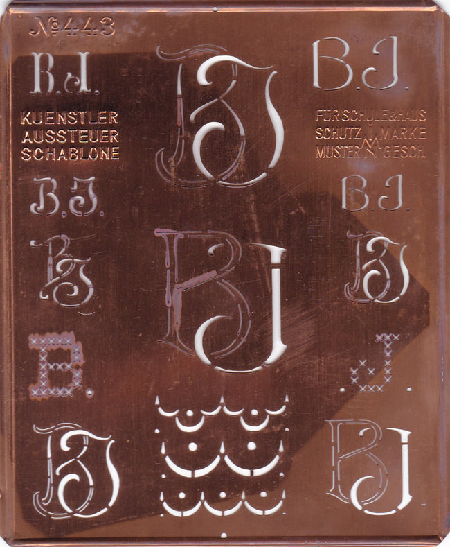 BJ - Uralte Monogrammschablone aus Kupferblech