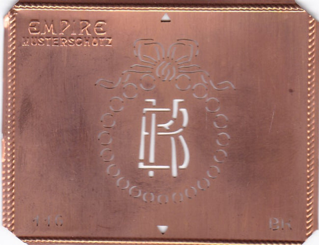 BK - Hübsche Jugendstil Kupfer Monogramm Schablone - Rarität nicht nur zum Sticken