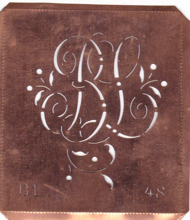 BL - Alte Schablone aus Kupferblech mit klassischem verschlungenem Monogramm 