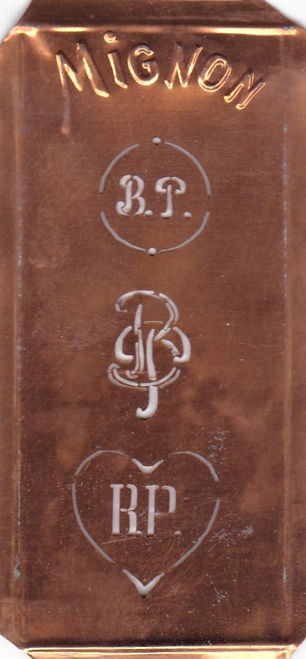 BP - Hübsche alte Kupfer Schablone mit 3 Monogramm-Ausführungen