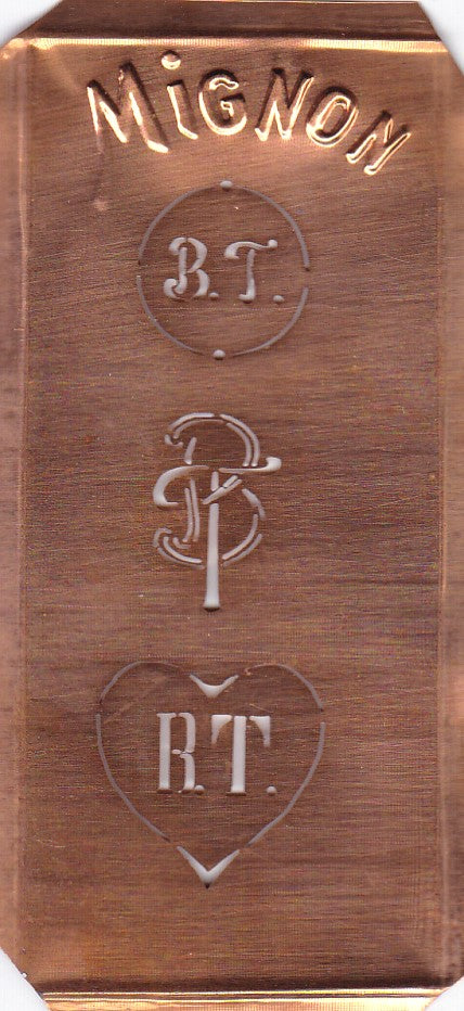 BT - Hübsche alte Kupfer Schablone mit 3 Monogramm-Ausführungen